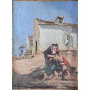 Adolphe GUMERY "Scène familiale en Bretagne" huile sur toile 55x46